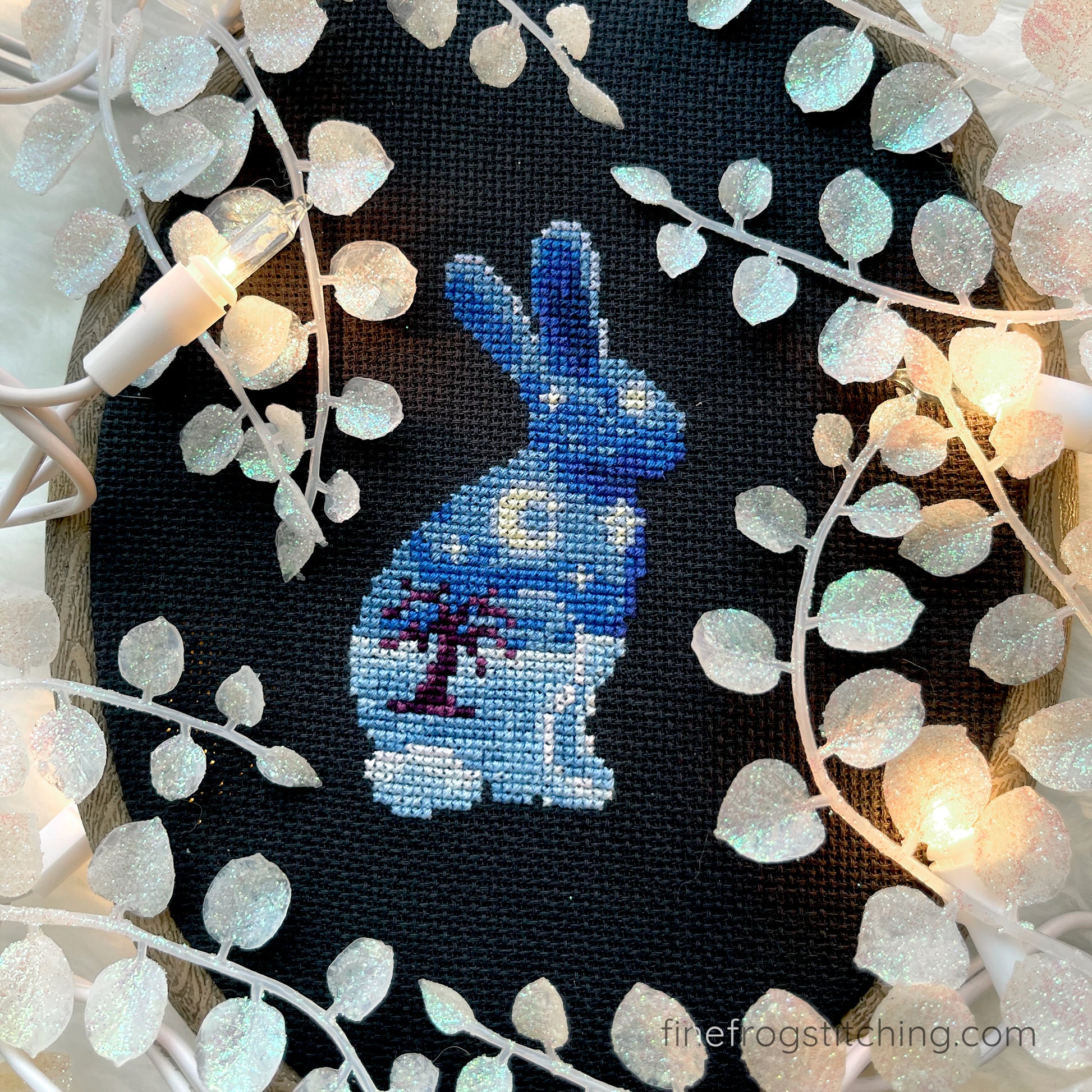 Winter Rabbit Cross Stitch Pattern PDF Christmas Landscape Snow Hare Celestial Longest Night Stitched Example